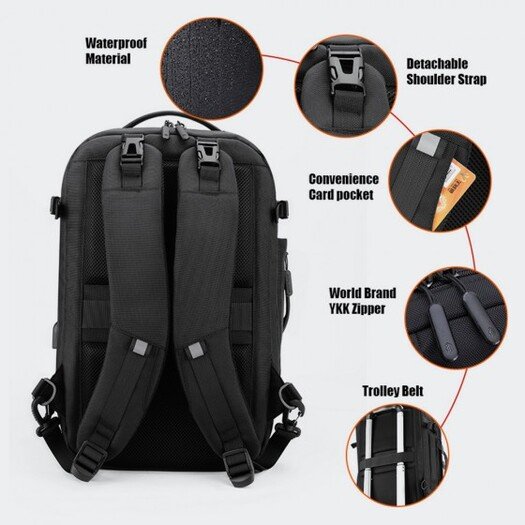 Arctic Hunter B00443 Smart Business Travel BackPack With Three Compartments And USB Charging Port - Black