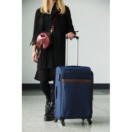 Solier Koffer Weich Trolley 4 Rollen Reisekoffer mit Teleskopgriff und Kombinationsschloss STL1316 (Marineblau/braun, L)